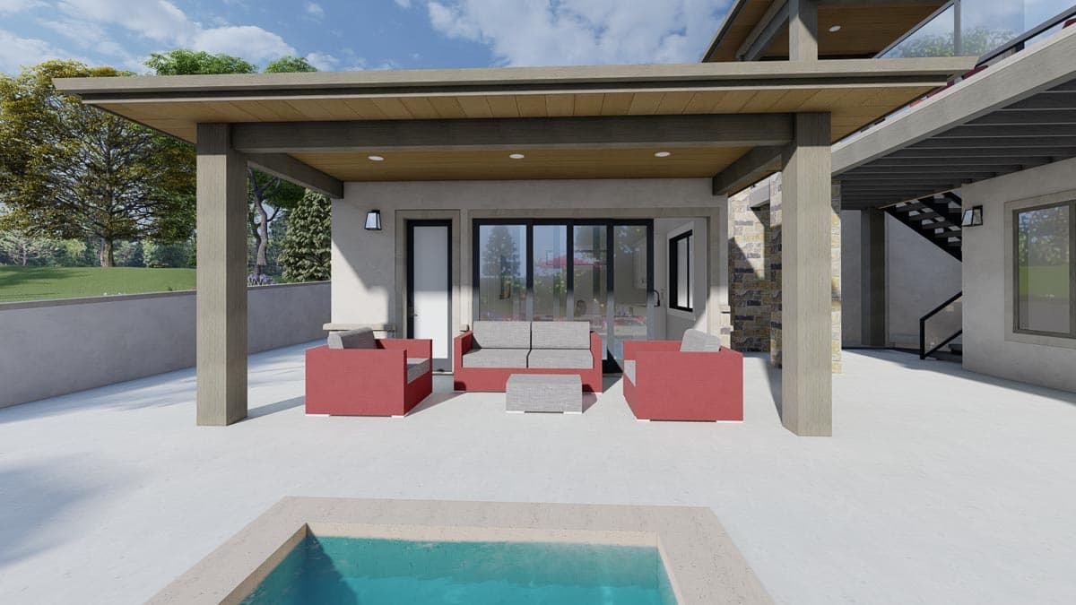Modern house exterior with covered patio, sliding glass doors, and outdoor seating.