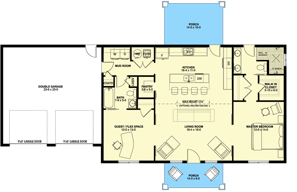 Plan 67816MG: Craftsman House Plan with Flex Room and 2-Car Garage - 1232 Sq Ft - Floor Plan - Main Level - Craftsman, Ranch