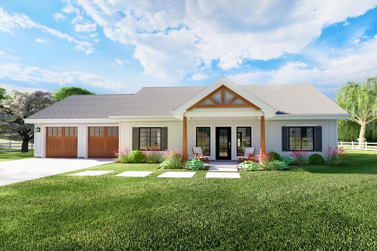 House plan exterior. Modern Farmhouse style with a single story, a front porch, and a two-car garage. Gable roof and wooden accents.