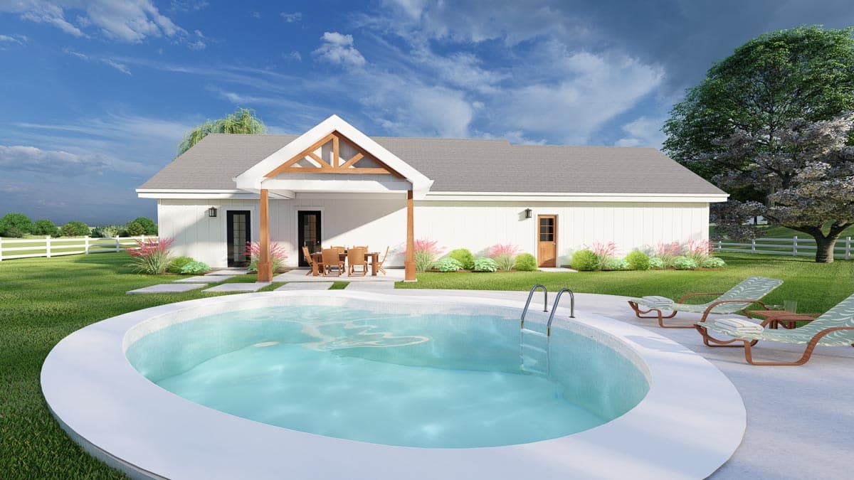 Modern Farmhouse house plan exterior with covered patio, gabled roof, and light siding.