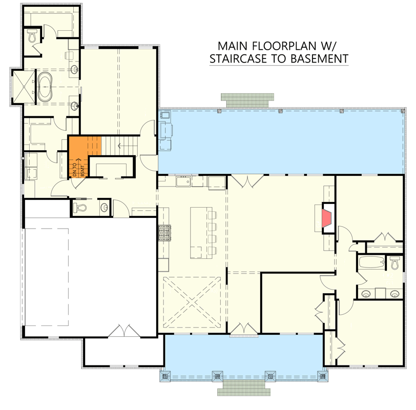 Plan 56508SM: Split Bedroom Modern Farmhouse with Outdoor Kitchen and Optional Game Room  - Floor Plan - Main Level - Basement Stair Location - Country, Craftsman, Modern Farmhouse, New American
