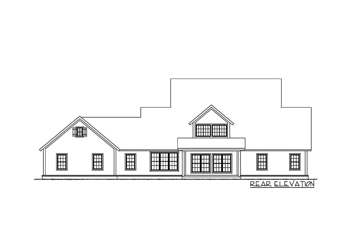 Rear elevation drawing of a house plan featuring a gable dormer, double doors, and multiple windows.