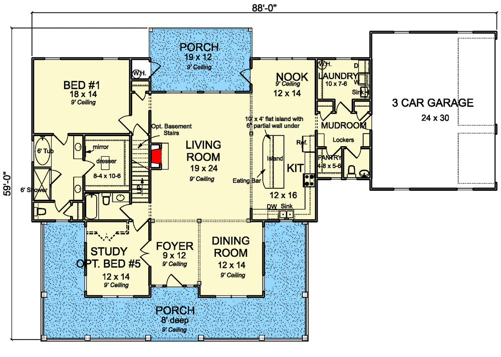Plan 52304WM: Modern Farmhouse Under 3600 Square Feet with 4 to 5 Bedrooms and an Upstairs Game Room - Floor Plan - Main Level - Country, Farmhouse, Modern Farmhouse, Southern, Traditional