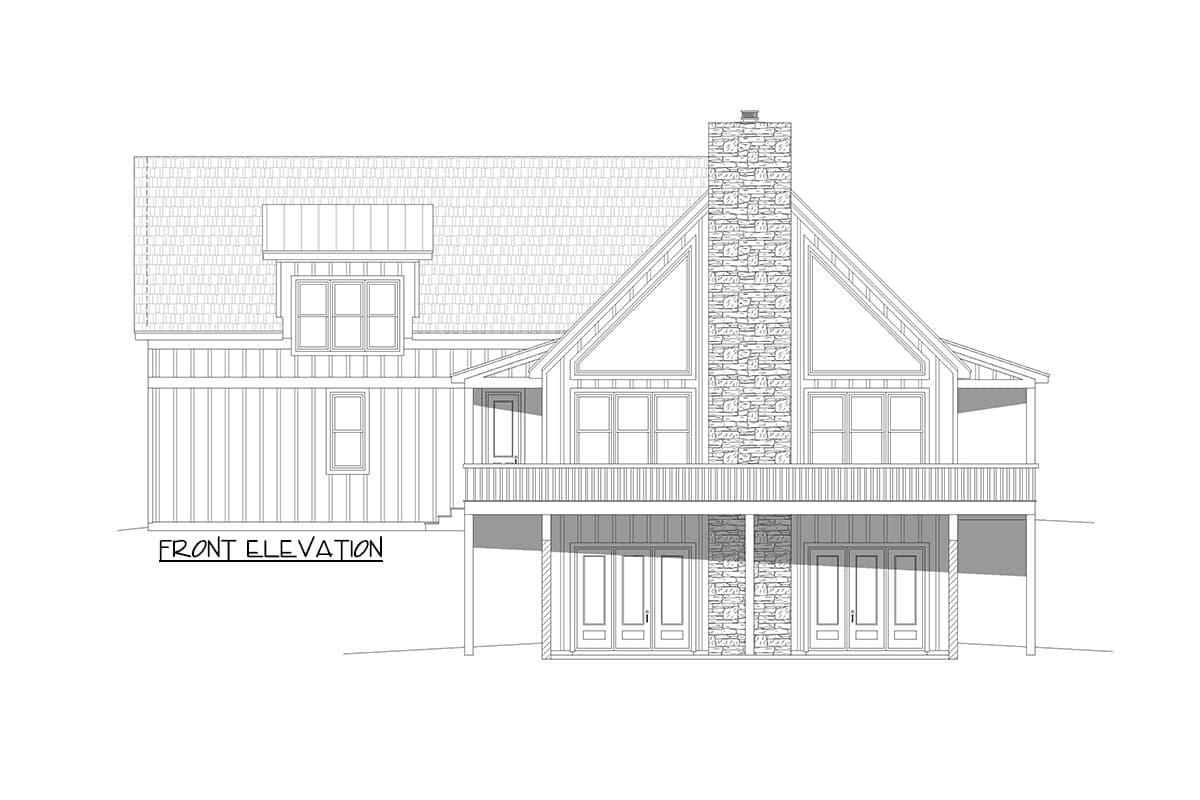 Front elevation drawing of a house plan with a prominent stone chimney, gabled roofline, and a covered deck.