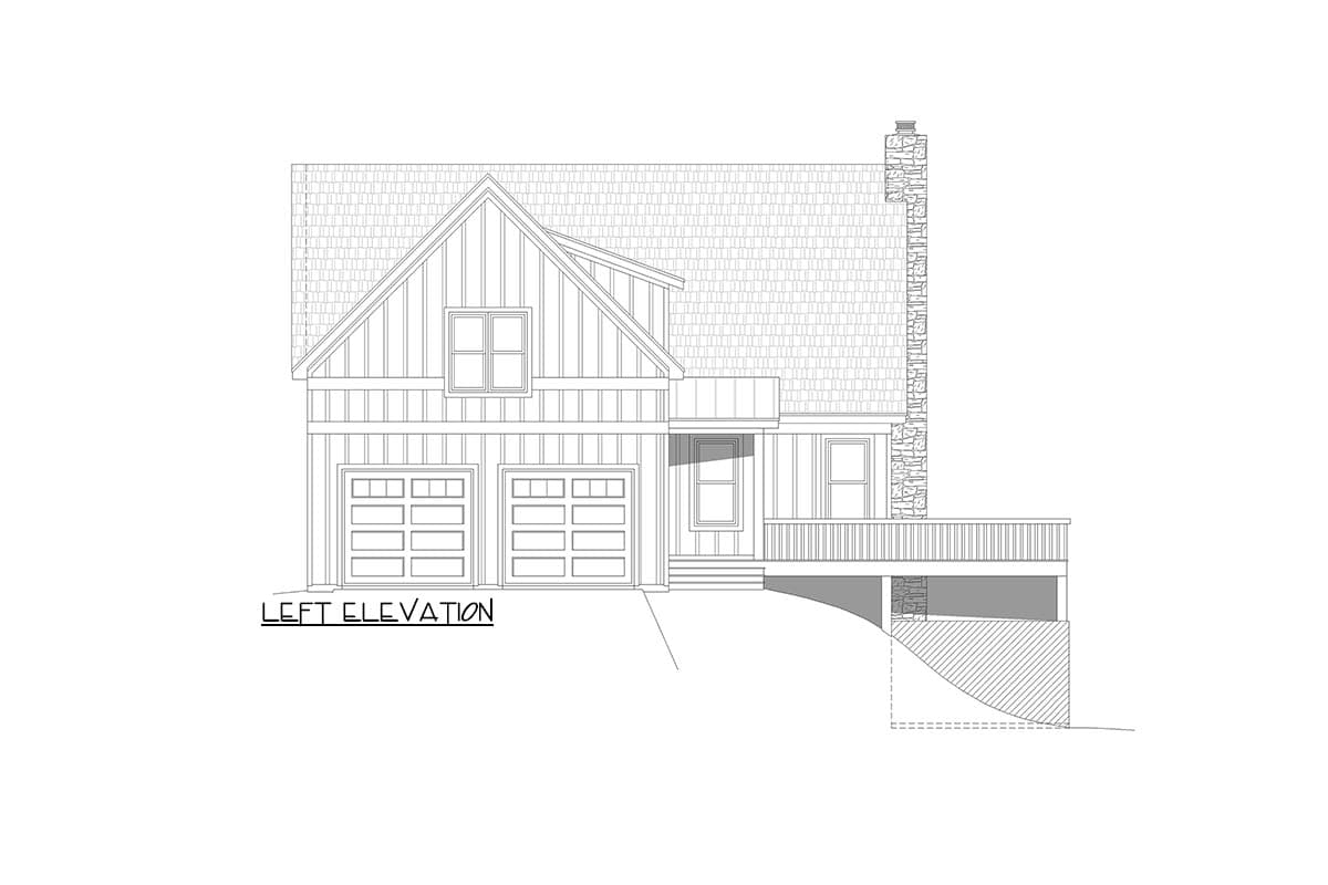Left elevation house plan showing a two-story home with a gable roof, two garage doors, and a stone chimney.