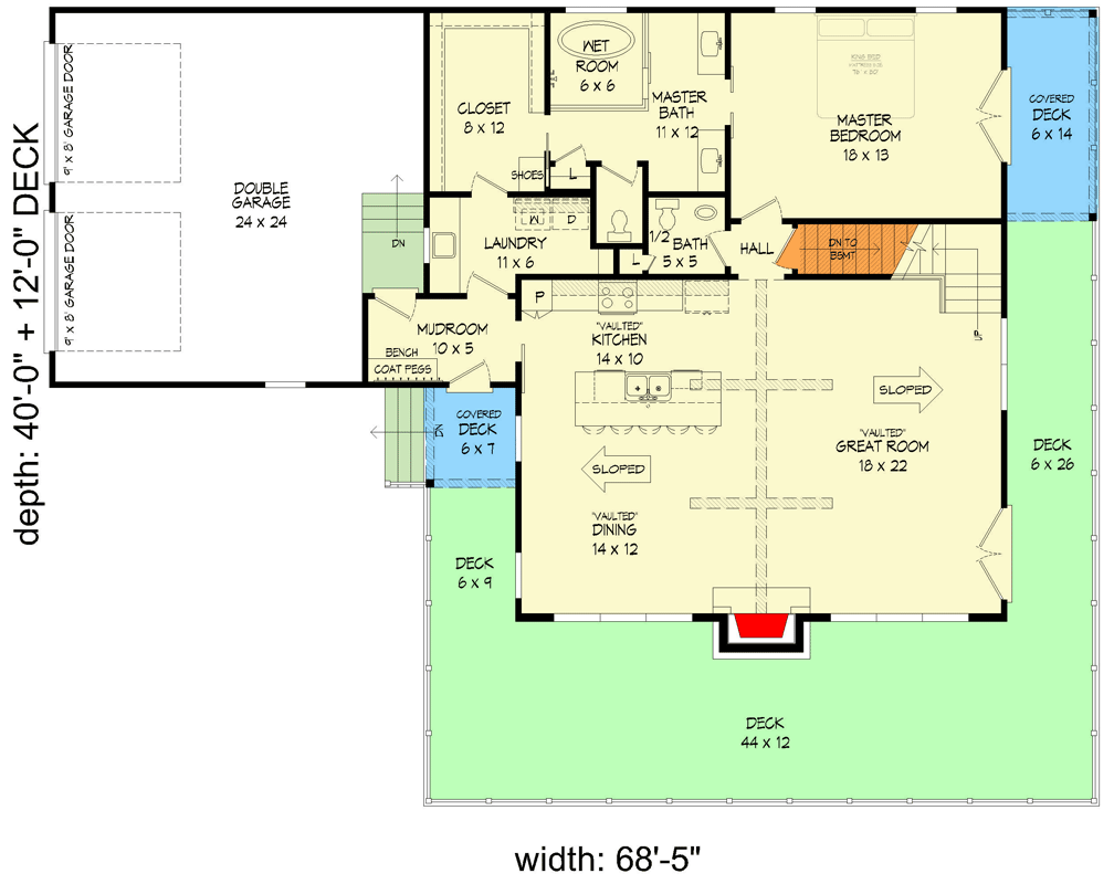 Plan 68806VR: Mountain Craftsman with Wraparound Deck and Option to Finish Basement - Floor Plan - Main Level - Country, Craftsman, Mountain