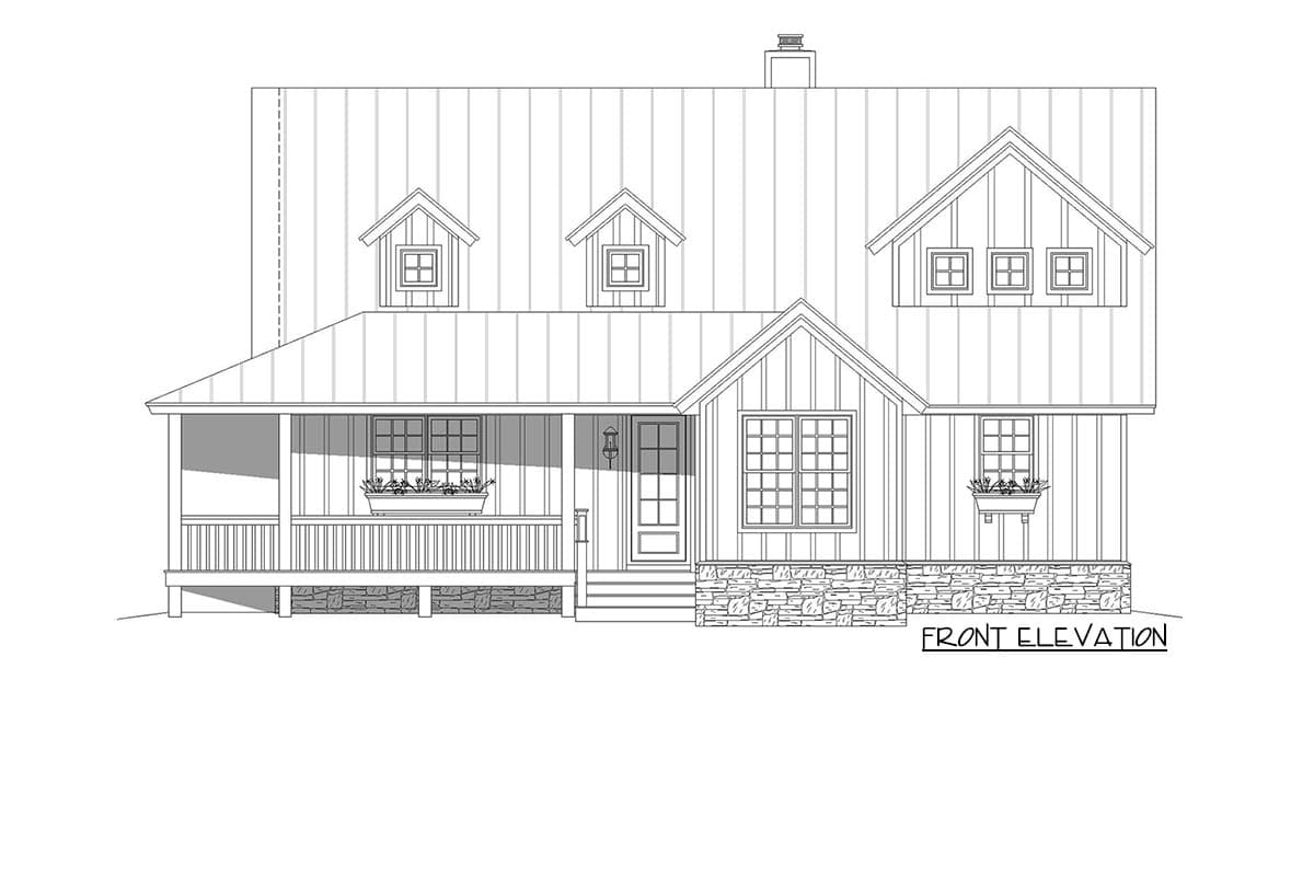 Front elevation drawing of a two-story house plan with a gabled roof, dormers, wrap-around porch, and stone foundation.