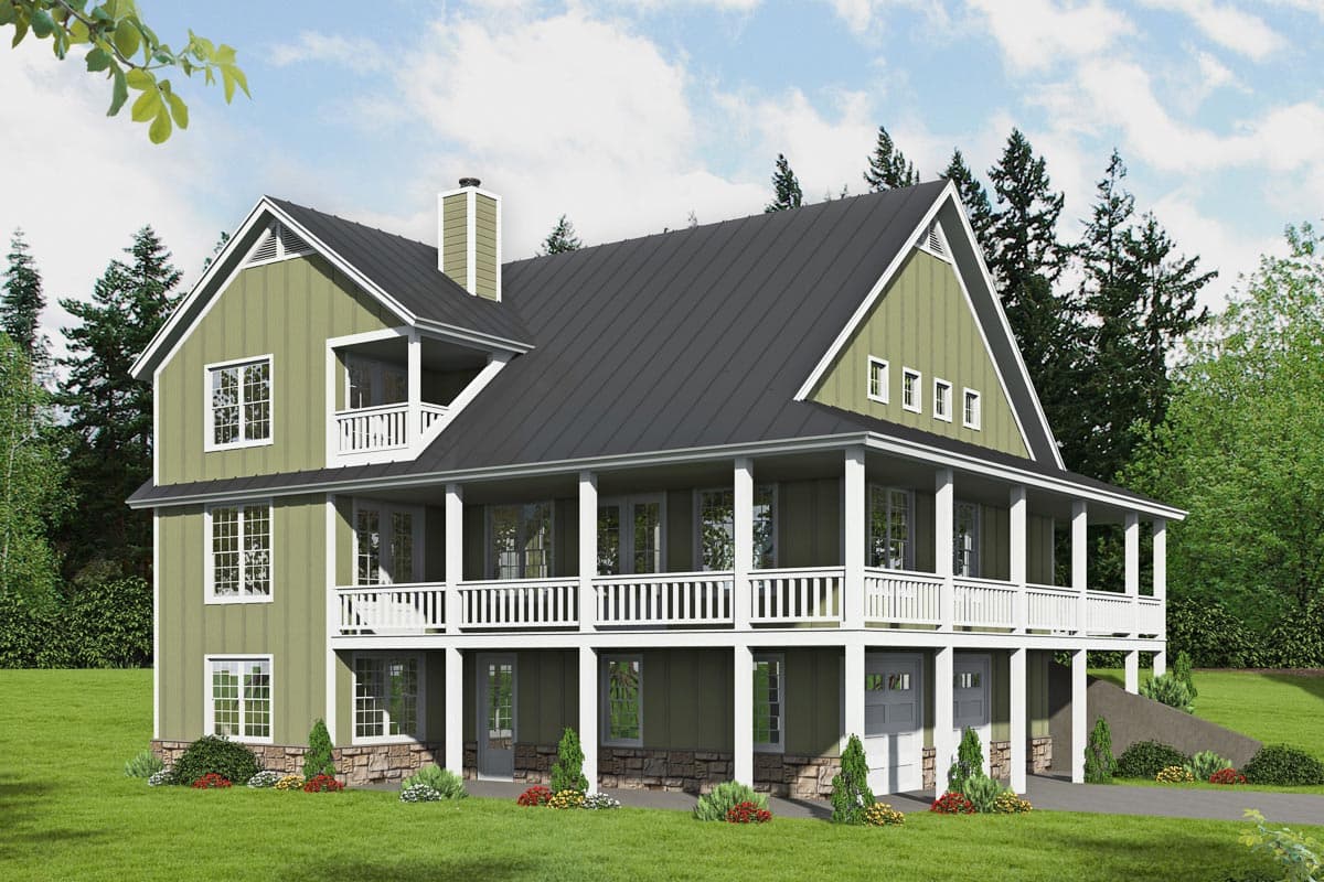 House plan exterior: Two-story Modern Farmhouse with wraparound porch, gabled dormers, and front-entry garage.