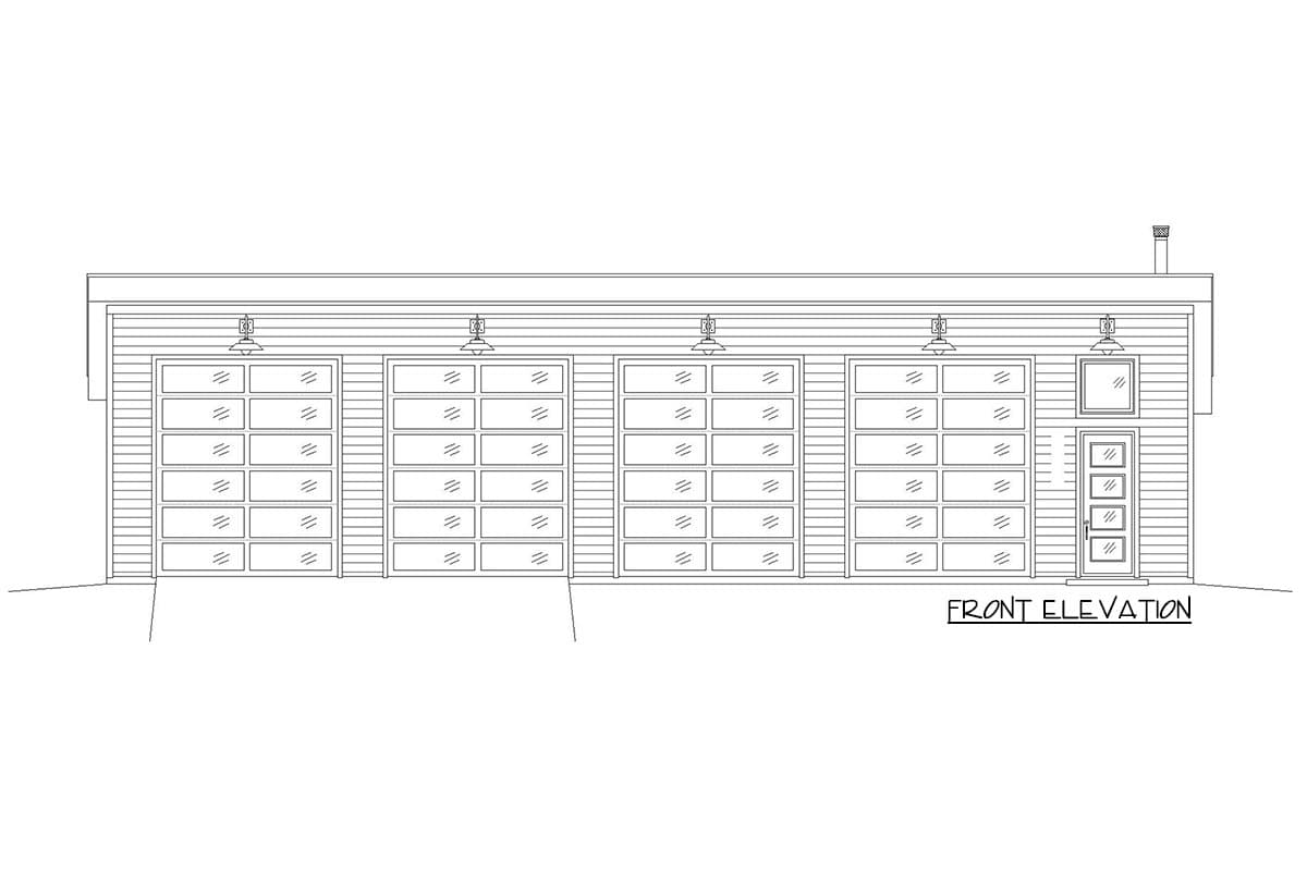 Front elevation of a house plan showing four garage doors with glass panels and a single entry door.