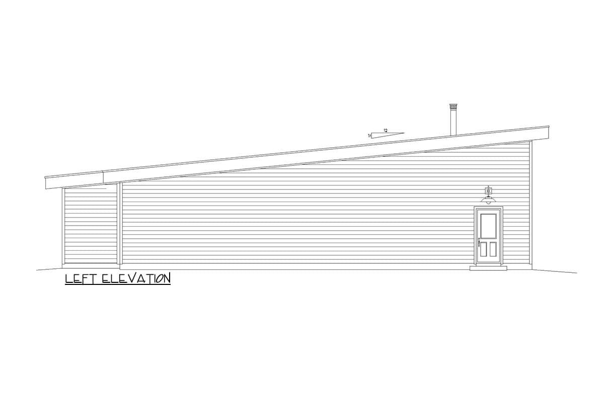 Left elevation drawing of a house with horizontal siding, a shed roof, and a central front door with a light fixture above.
