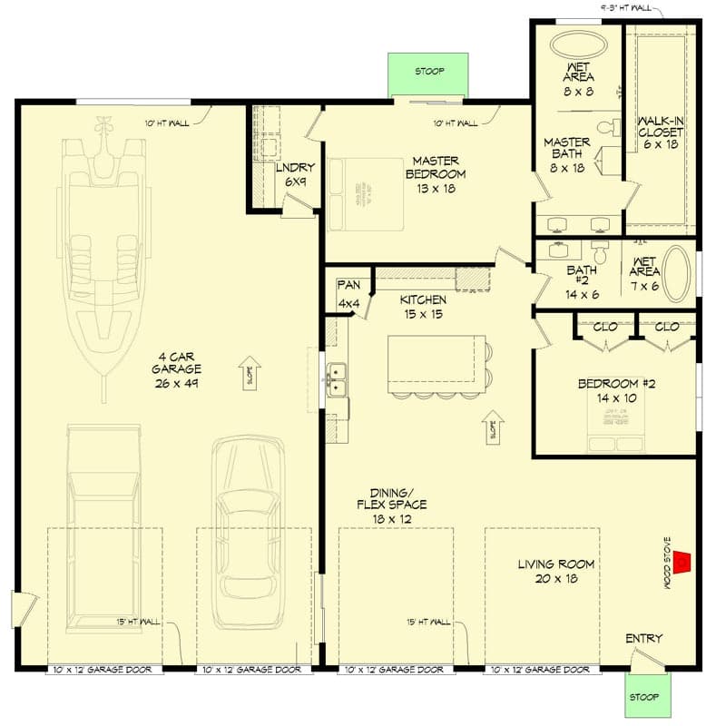 Plan 68809VR: 2-Bed Contemporary Home Plan with 4-Car Heated Garage - Floor Plan - Main Level - Contemporary, Mid Century Modern, Modern