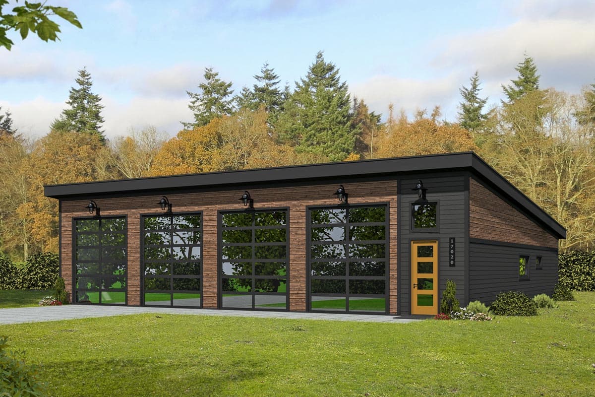 House plan exterior. Modern style, single-story, with three glass garage doors and a flat roofline. Features include wood siding and accent door.