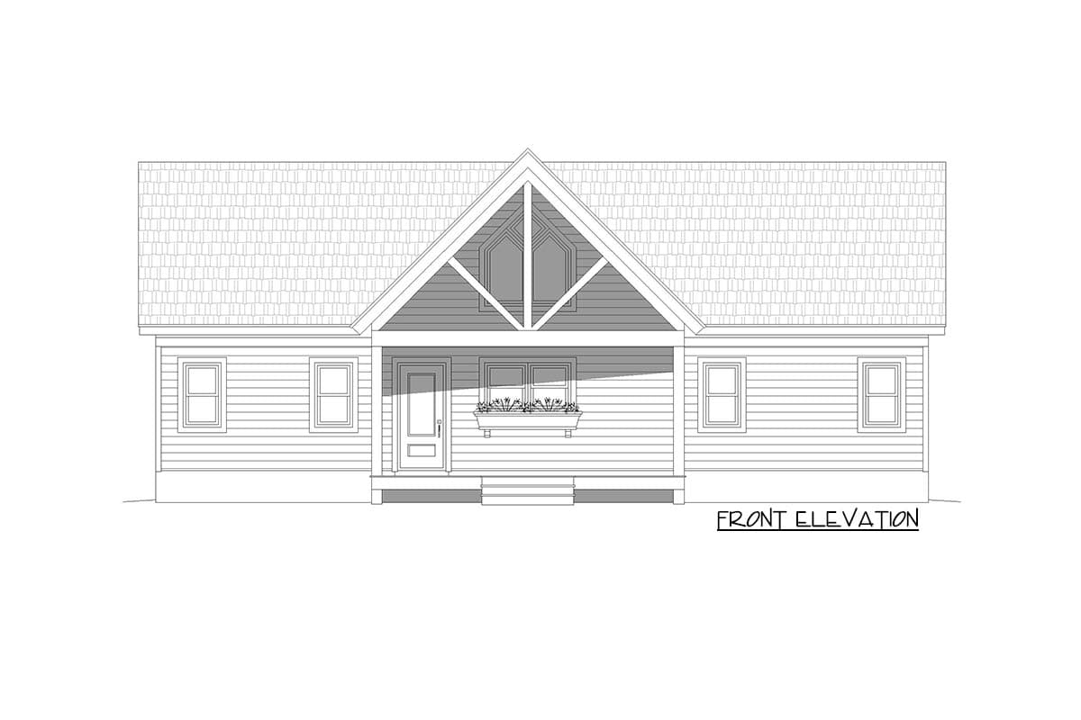 Front elevation drawing of a one-story house with a covered porch, gabled roof, and double window with flower box.