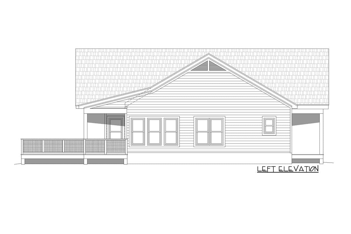 Left elevation house plan showing a single-story home with a gabled roof, a covered front porch, and a wrap-around deck.