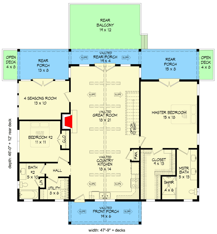 Plan 68811VR: 1,604 Square Foot House Plan with Vaulted Interior and a 4-Season Room - Floor Plan - Main Level - Cottage, Country, Craftsman