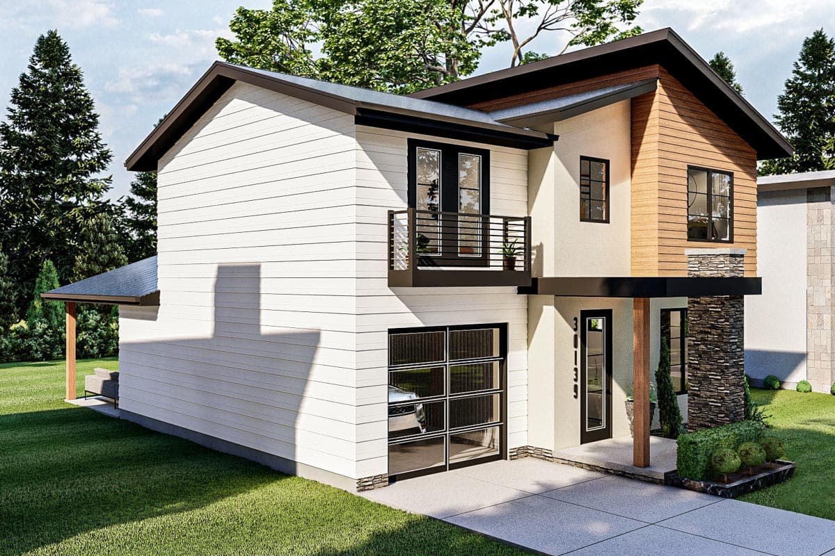 Modern two-story house plan exterior with white siding, wood accents, stone base, covered entry, and second-story balcony.