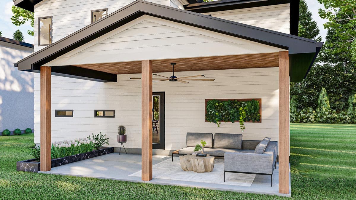 Modern house plan exterior with covered patio, wood ceiling, and outdoor fan.