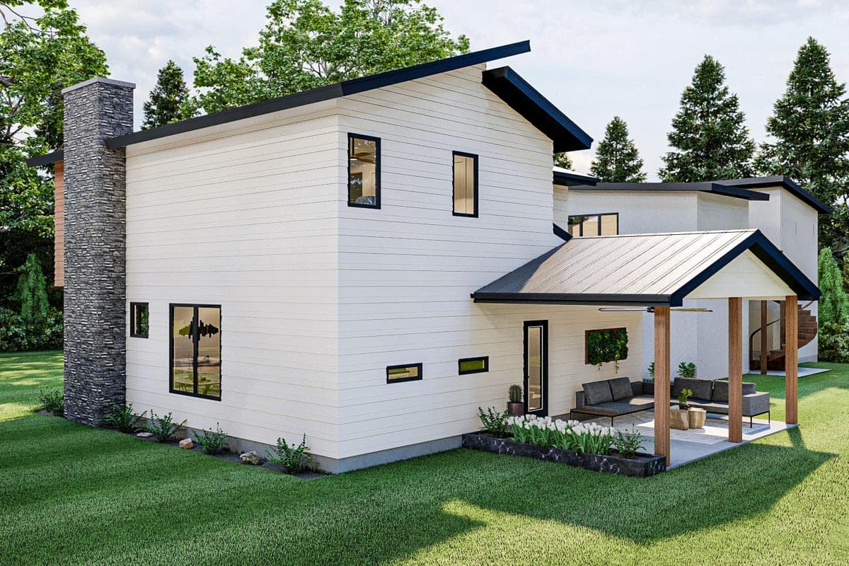 House plan exterior: Two-story modern home with white horizontal siding, dark gables, stone chimney, and covered patio.