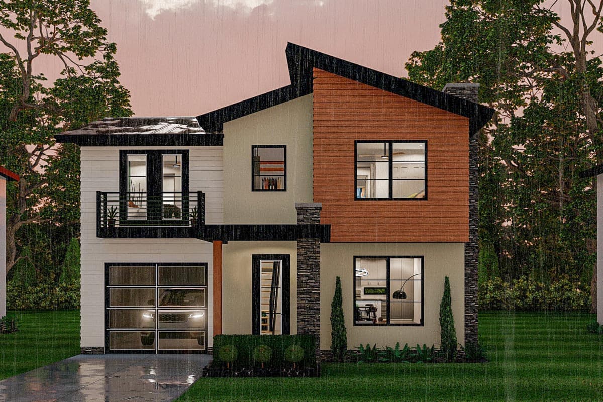 Modern house plan exterior, two stories, with a balcony, horizontal siding, and wood-paneled accents.