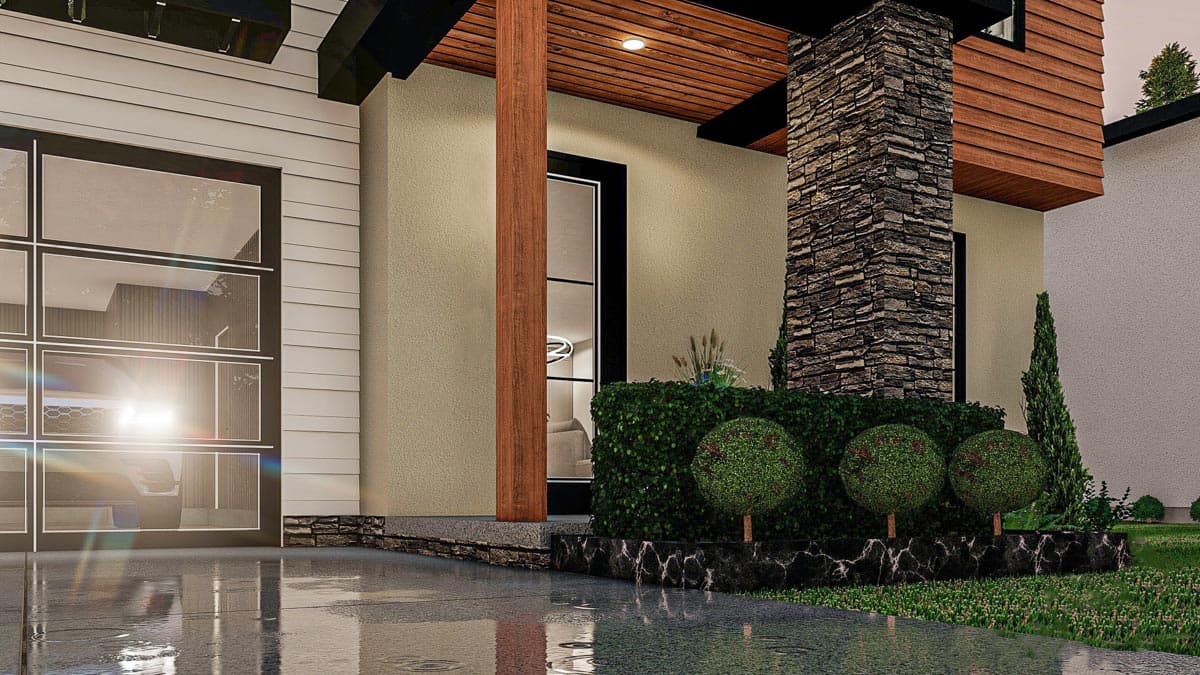 House plan exterior with modern farmhouse style, featuring a glass garage door, stone-clad column, and wood siding accents.