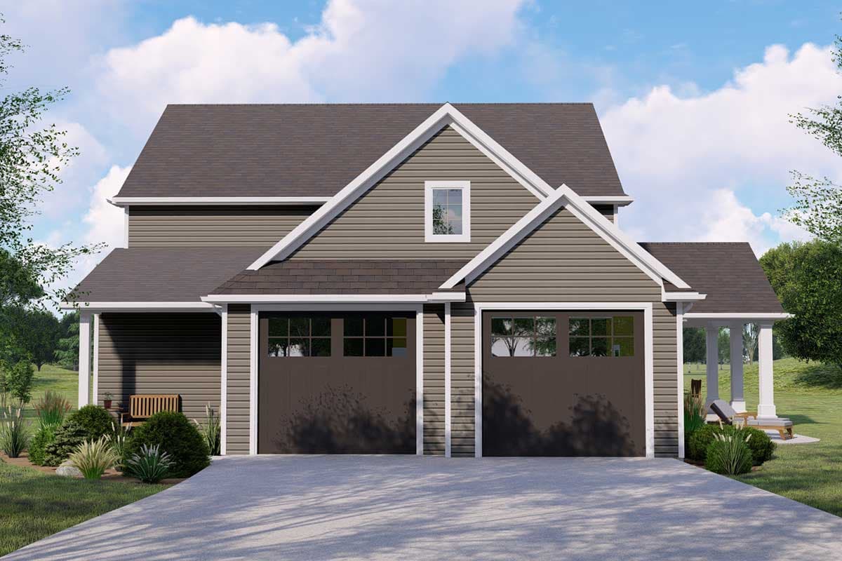 House plan exterior with two-story design. Features include a gable roof, two-car garage, and covered porch with columns.