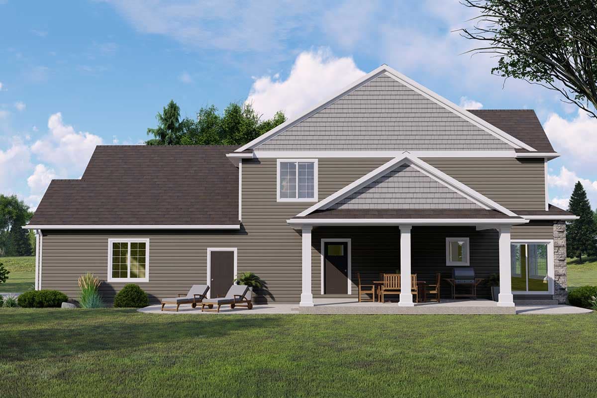 Two-story house plan exterior with covered porch, gables, and vinyl siding.