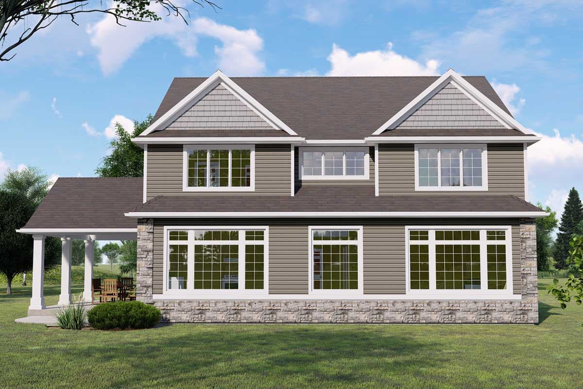 House plan exterior: Two-story dwelling with gables, stone base, and covered porch with columns.
