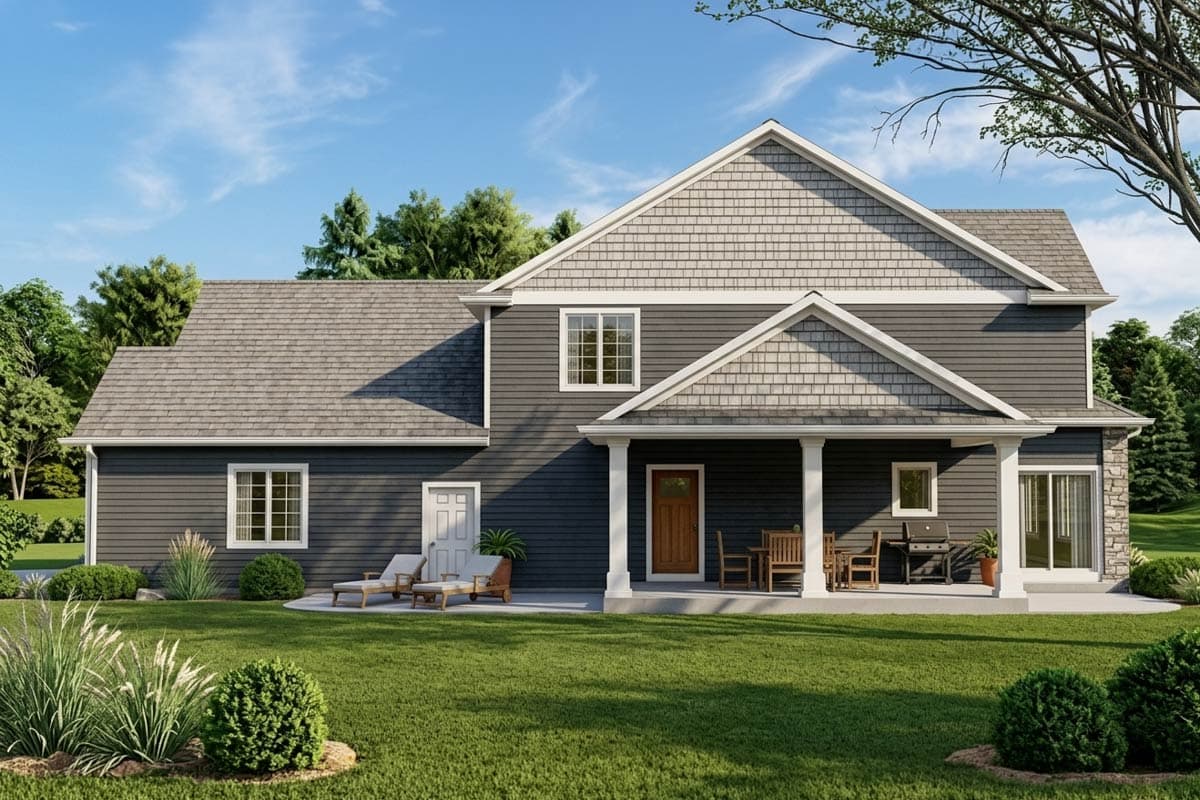 Two-story house plan exterior with covered porch, gables, and vinyl siding.