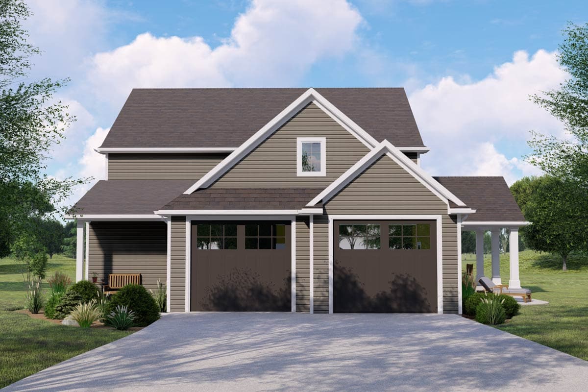House plan exterior with two-story design. Features include a gable roof, two-car garage, and covered porch with columns.