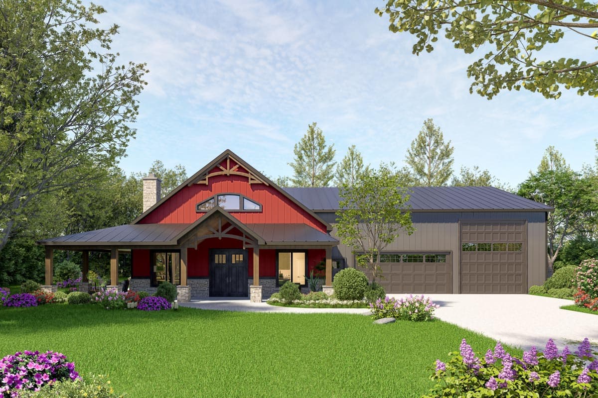 Modern Farmhouse house plan exterior with red siding, wraparound porch, stone accents, and a three-car garage.