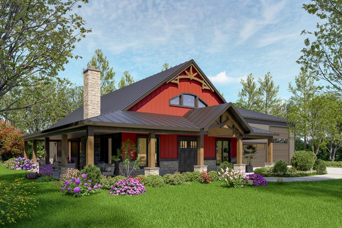 House plan exterior featuring a wraparound porch, stone chimney, metal roof, and a prominent gable with decorative timber framing.