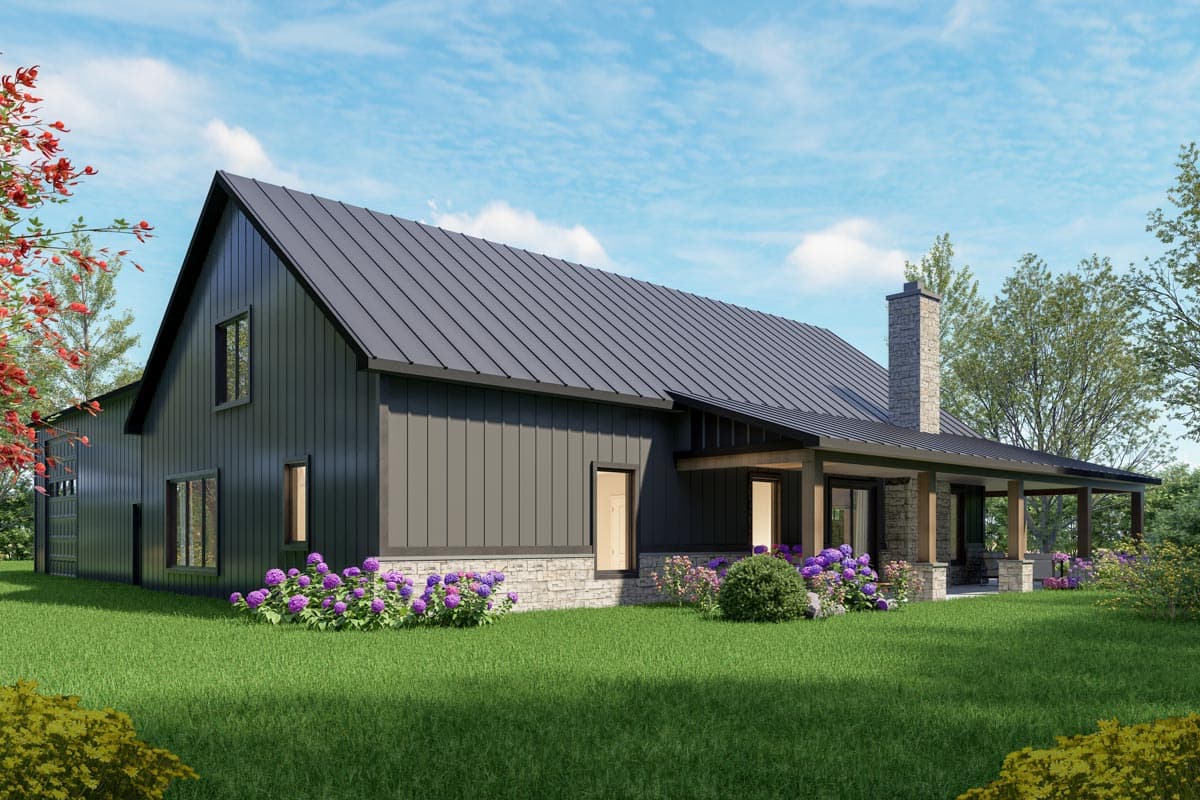Modern Farmhouse house plan exterior with dark vertical siding, stone accents, a prominent gable, and covered porch.