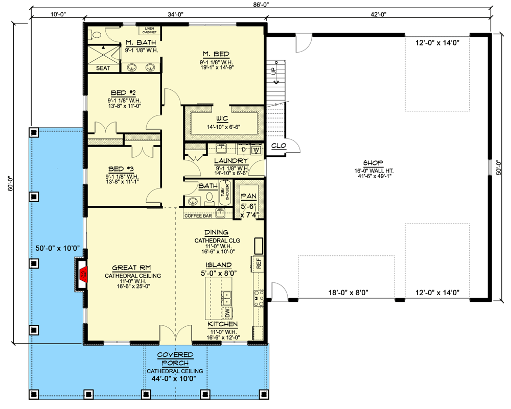 Plan 135072GRA: Farmhouse-Inspired Barndominium with Wraparound Porch - 2039 Sq Ft - Floor Plan - Main Level - Barndominium, Country, Craftsman, Farmhouse, Mountain, Rustic, Vacation
