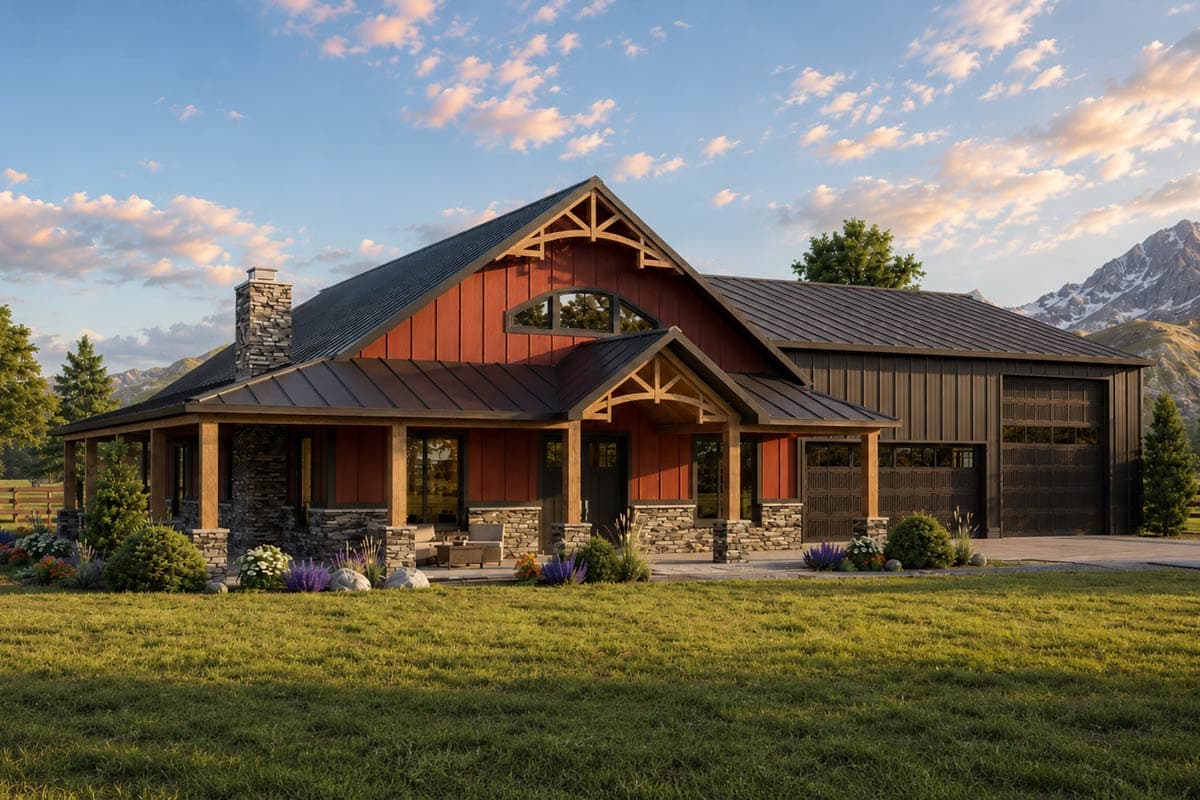 Modern Farmhouse house plan exterior with red siding, wraparound porch, stone accents, and a three-car garage.