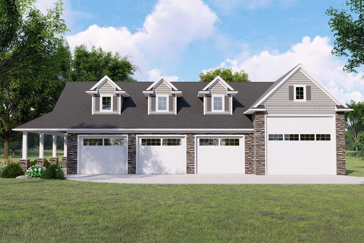 House plan exterior with three-car garage. Features include three dormers, stone accents, and a covered porch. Gable roof.
