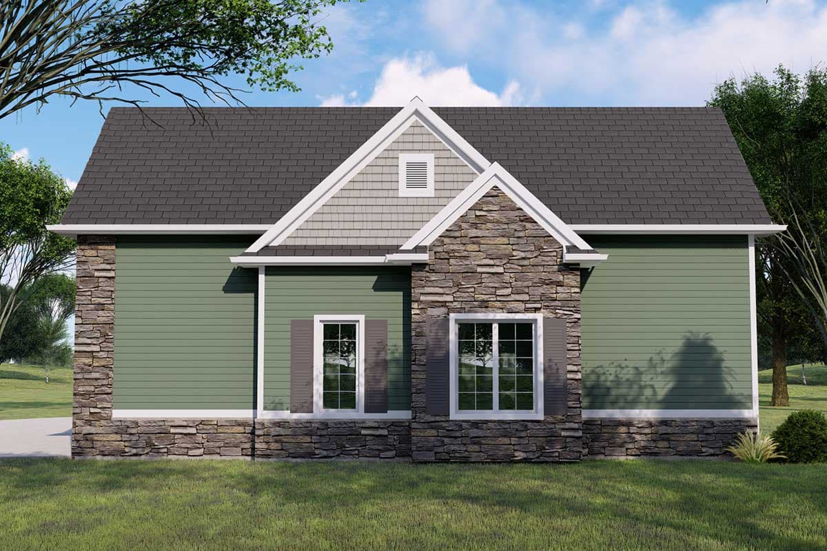 House plan exterior: single-story home with stone accents, horizontal siding, gabled dormer, and two windows with shutters.