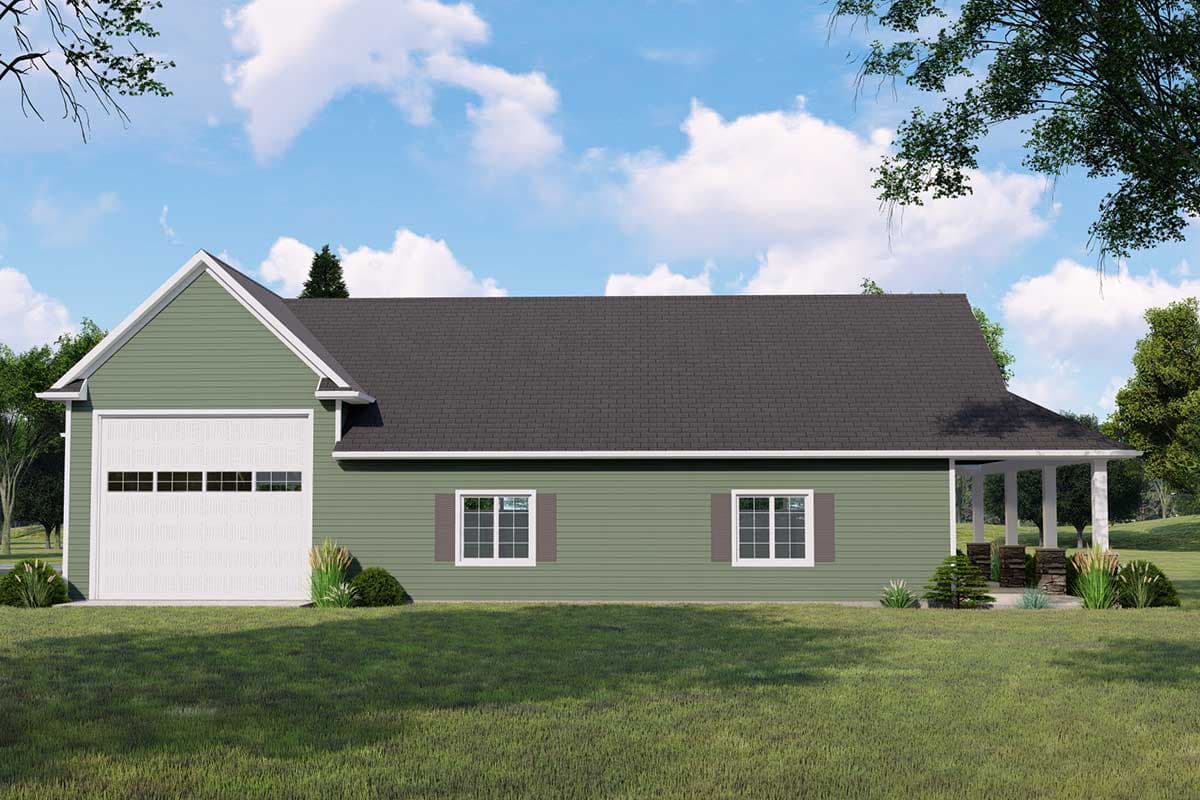 House plan exterior, one-story home with a side-facing garage, gable rooflines, and a covered front porch.