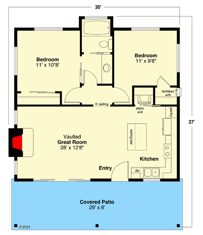 Plan 72287DA: 800 Square Foot Contemporary 2-Bed Cottage - Floor Plan - Main Level - Coastal, Cottage, Country, Mountain, Vacation