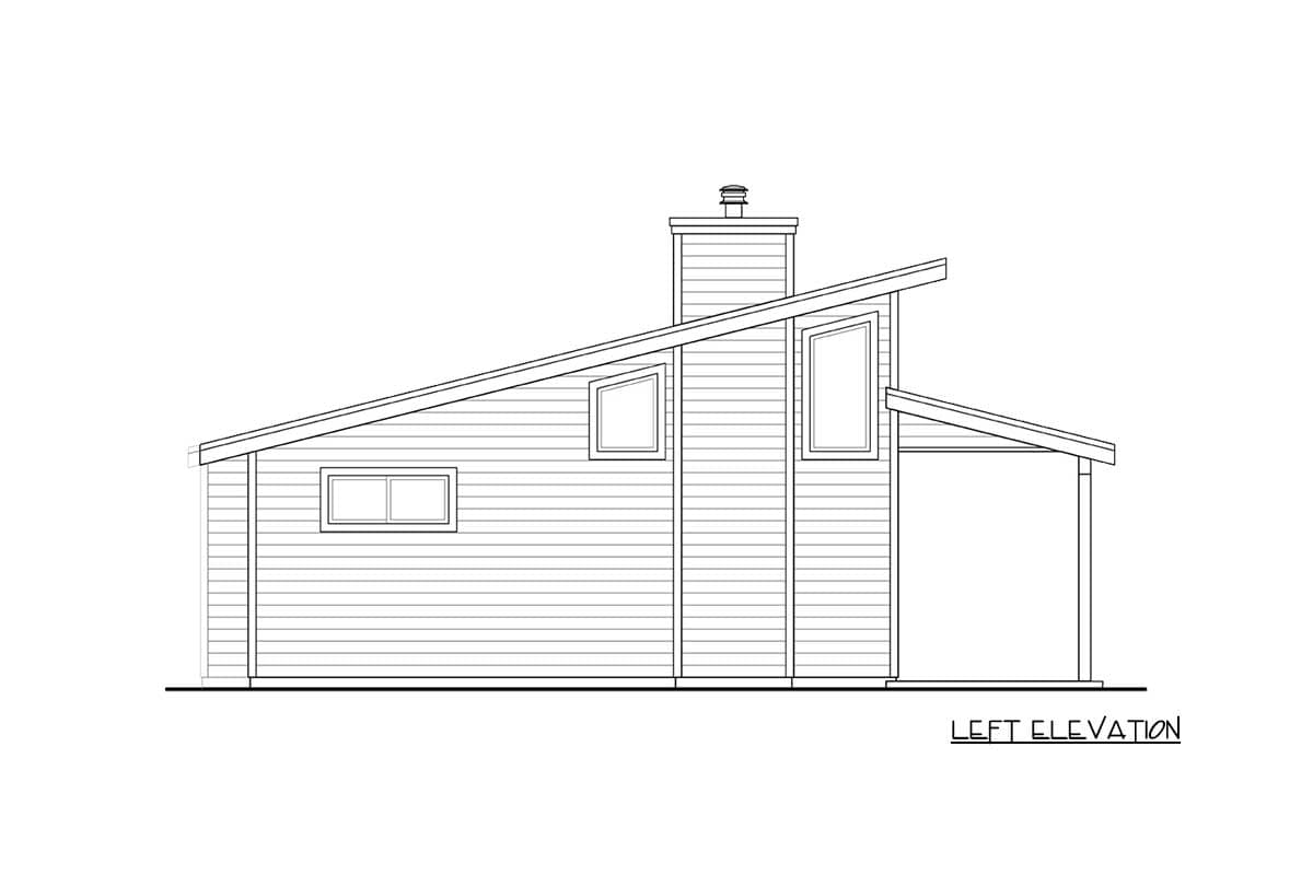 Left elevation drawing of a single-story house plan with a shed roof, chimney, and covered porch.