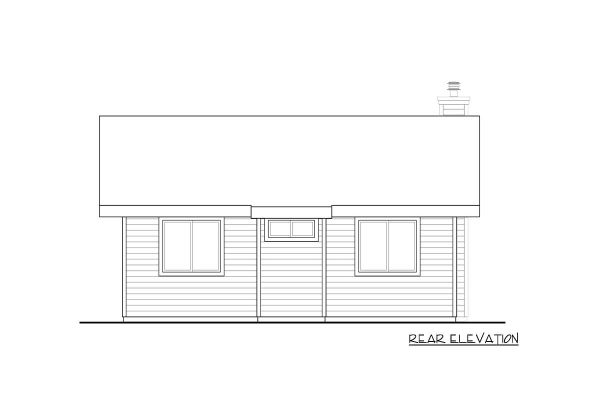 Rear elevation drawing of a house plan, showing siding, windows, and a chimney.