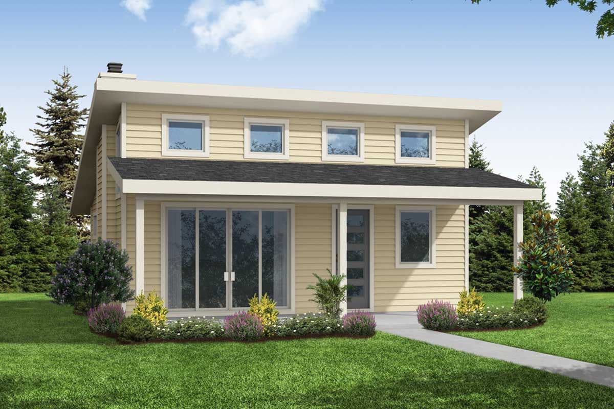 House plan exterior. Two-story, Modern design with a flat roof. Features include a covered porch, sliding glass doors, and a rectangular window array.