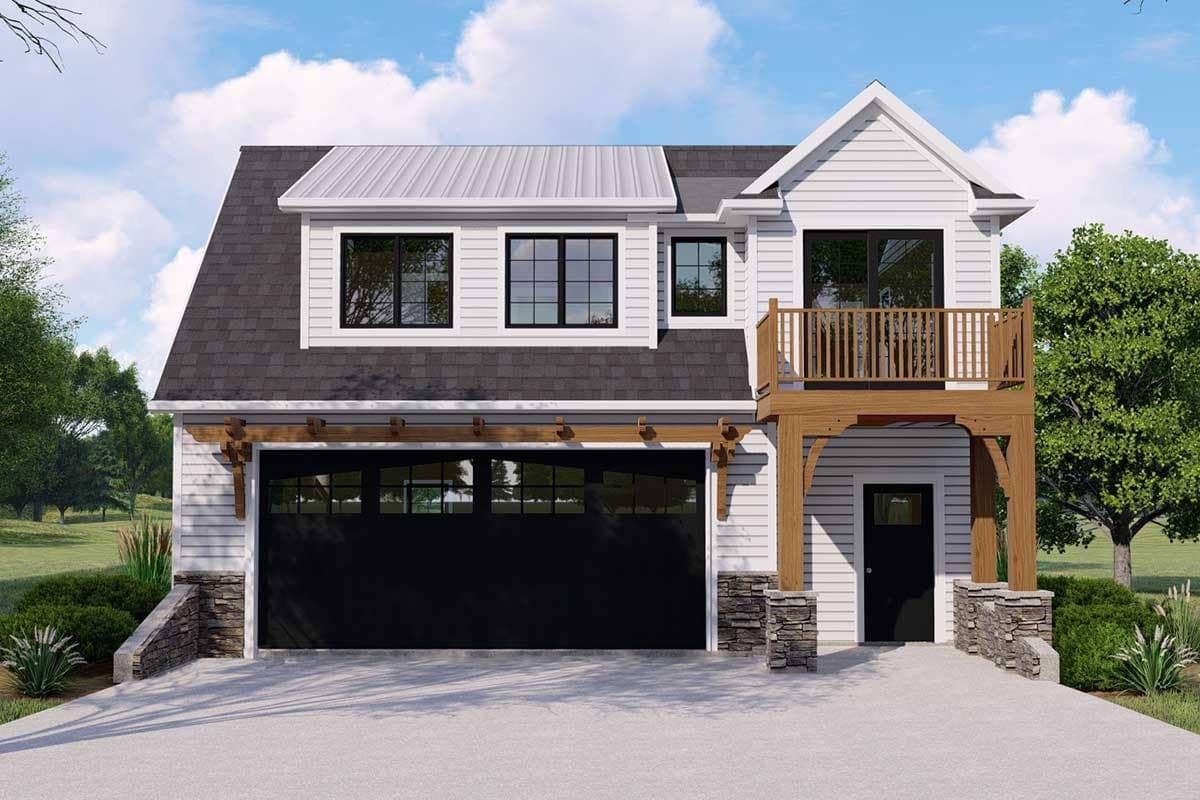 House plan exterior with two stories. Features include a gable roof, detached balcony, and a garage with pergola accents and stone columns.