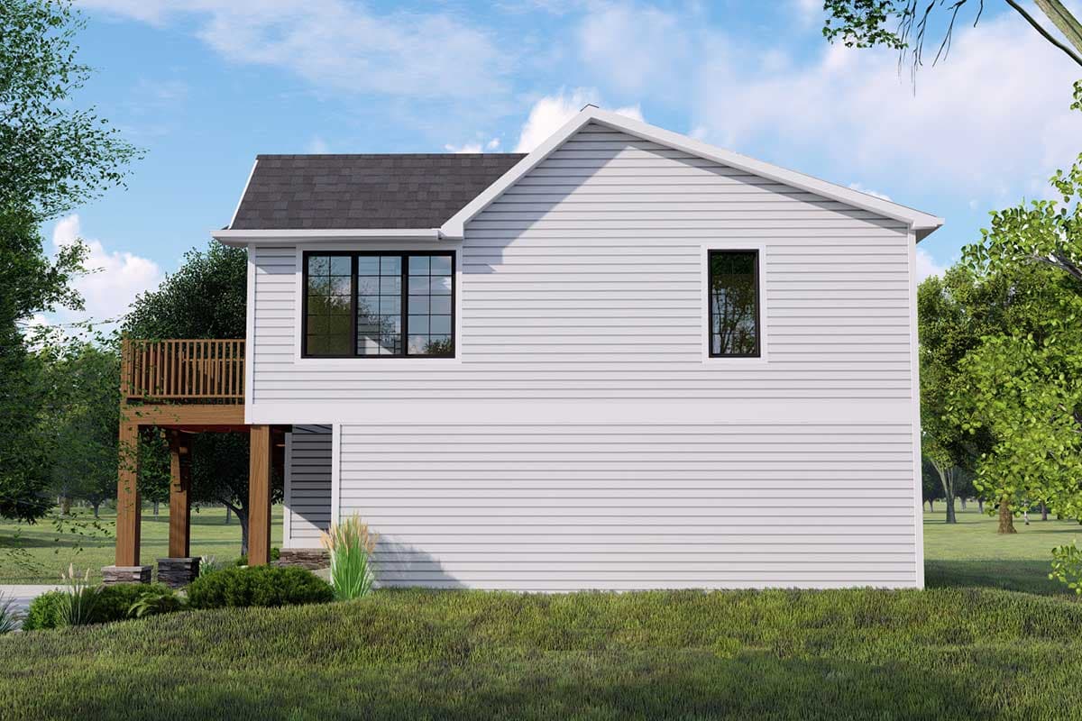 House plan exterior, two stories, white siding, deck on left, gabled roof, black-framed windows.