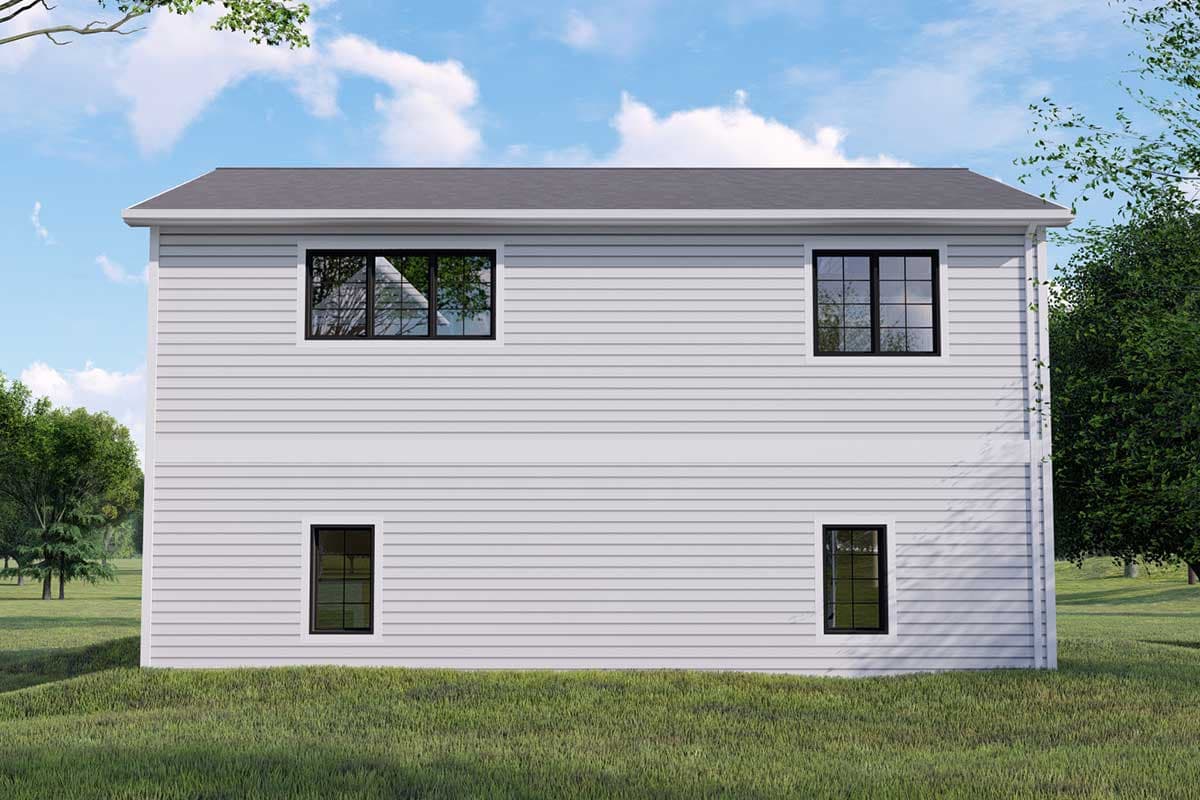 House plan exterior, two stories, white horizontal siding, gray hip roof, and black-framed windows.