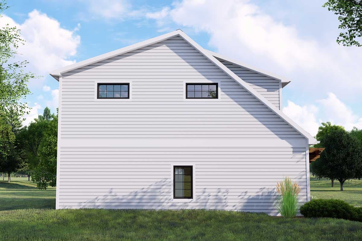 House plan exterior: Modern style with horizontal siding, a steeply pitched gable roof, and a shed dormer.