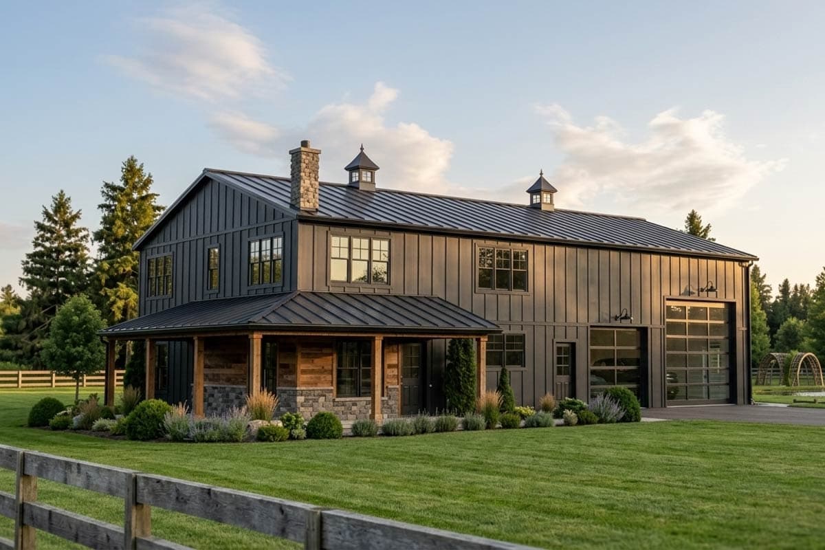 House plan exterior. Two-story Modern Farmhouse with a metal roof, porch, and a garage with glass doors. Includes stone chimney and cupolas.