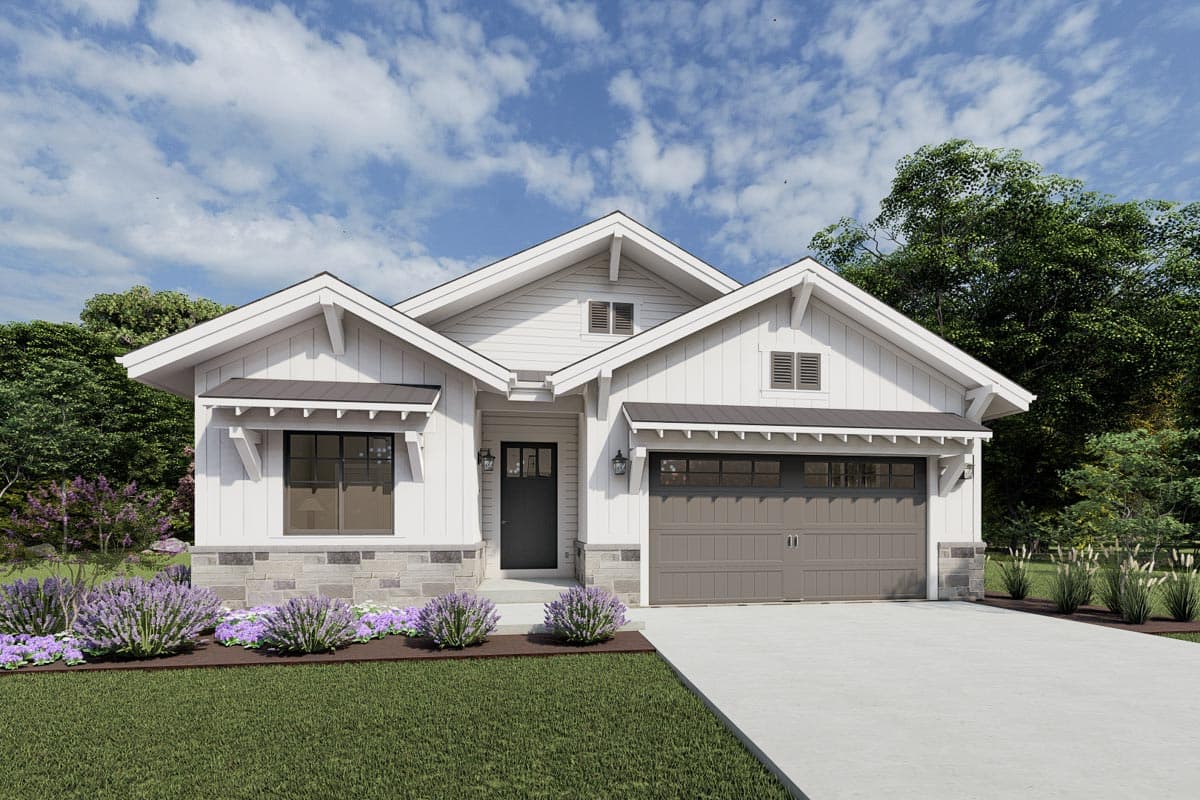 House plan exterior featuring a single-story Modern Farmhouse design. Key features include a gabled roof, stone accents, and a front-facing garage.
