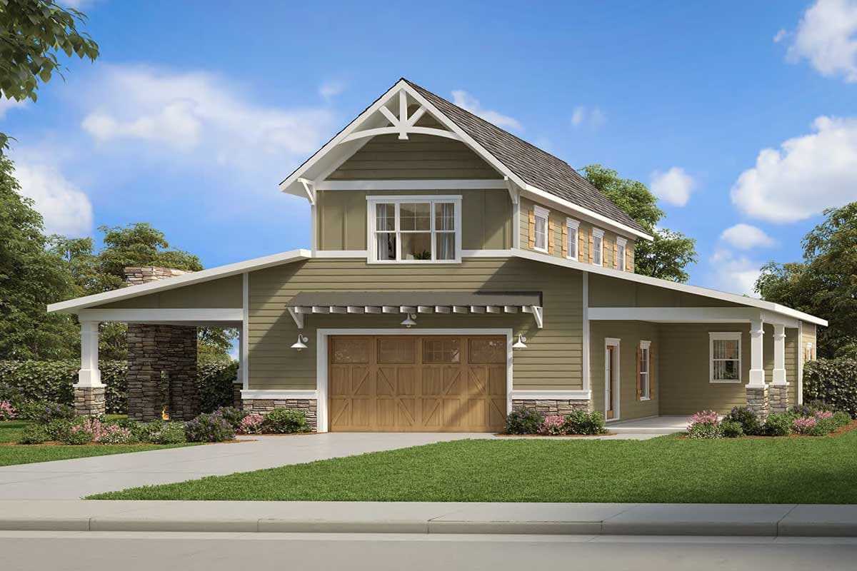 House plan exterior. Craftsman-style, two-story home with a gabled roof, a pergola over the garage, and a covered porch with stone supports.