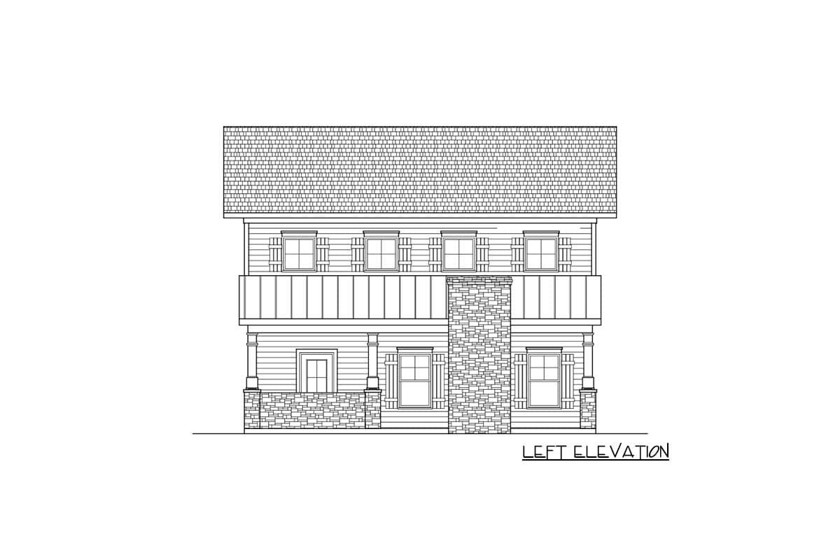 Left elevation drawing of a two-story house plan with stone base, balconies, dormers, and a central chimney.