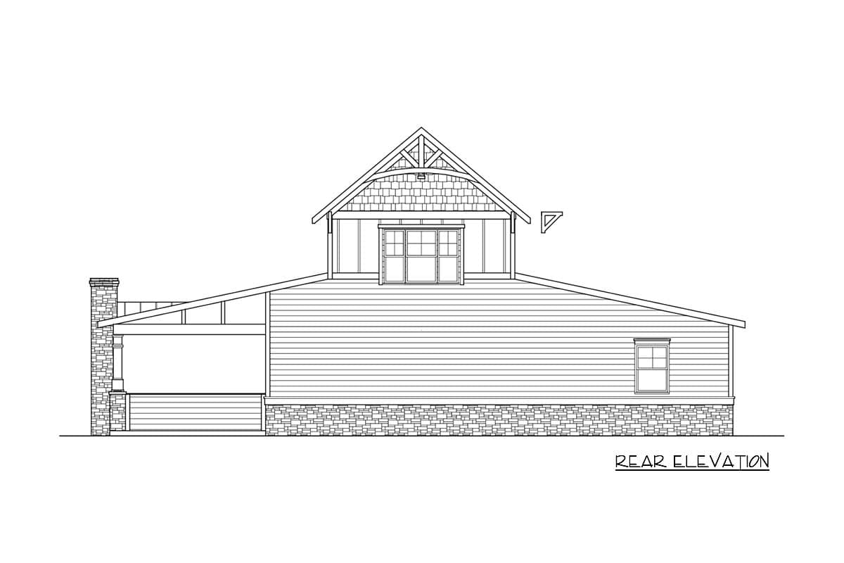 Rear elevation of house plan showing a dormer, gables, and stone and siding exterior.